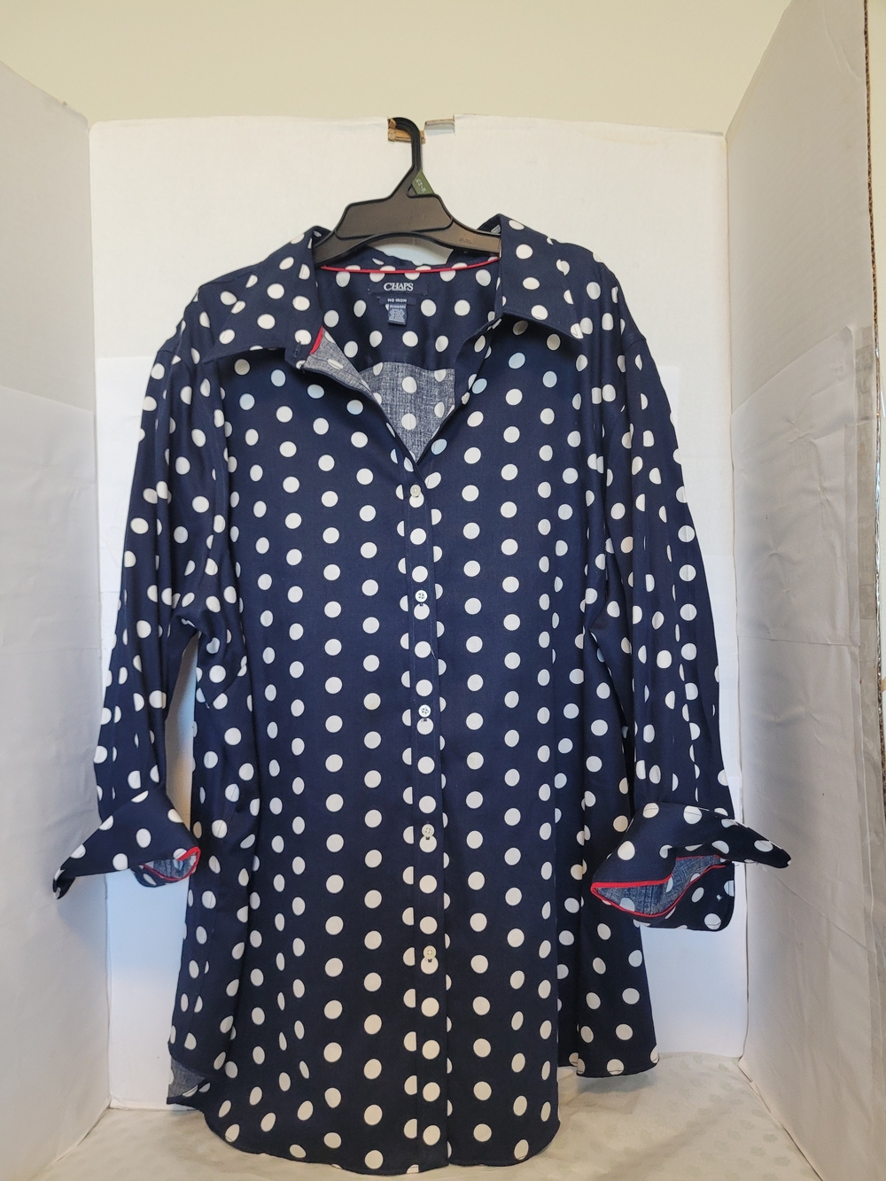Chaps Navy and White Polka Dot Button-Front Blouse Jacket